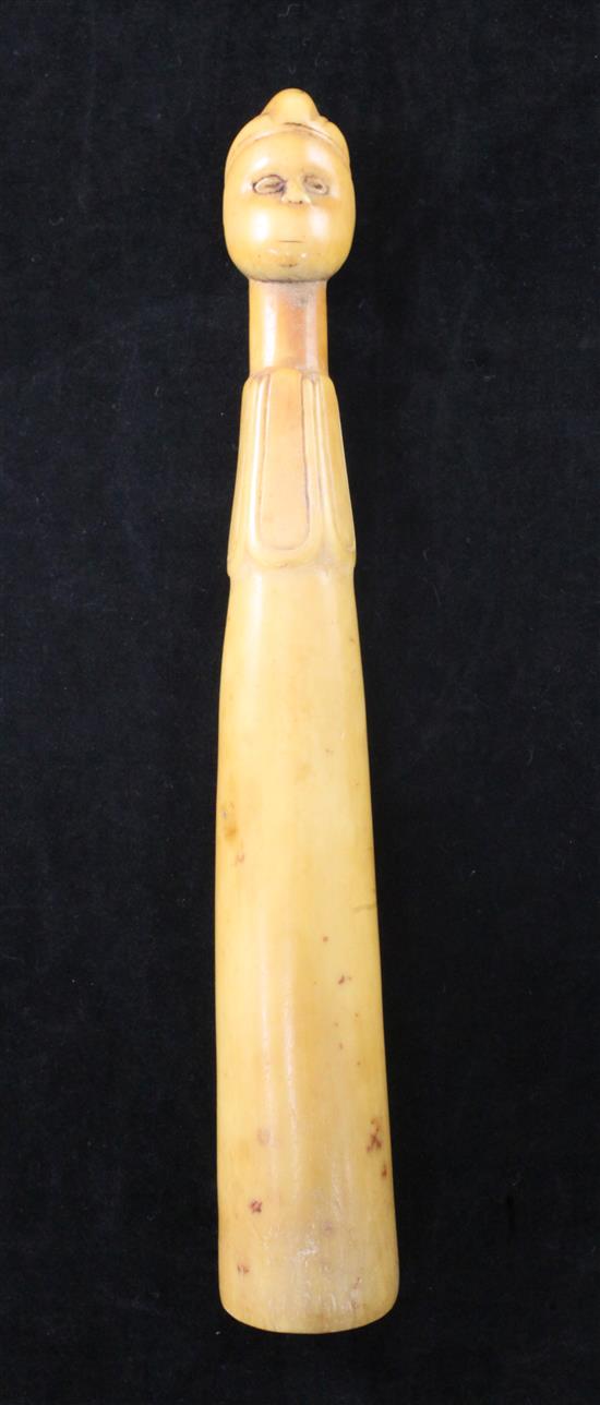 A 19th century African Chokwe ivory fly whisk handle, 8.25in.